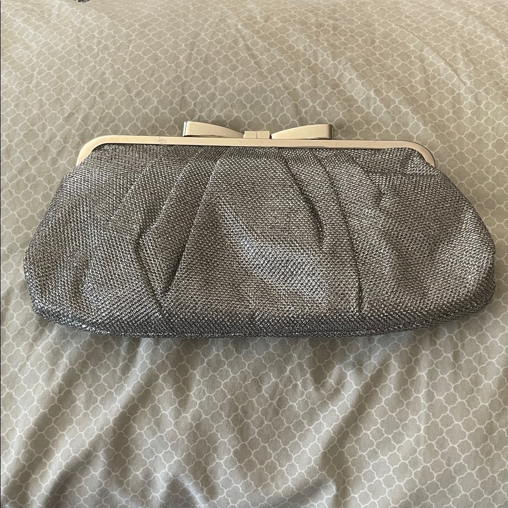 Metallic Silver Evening Clutch with Cream Bow Accent